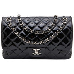 Chanel Black Quilted Patent Leather Jumbo Classic Double Flap Bag