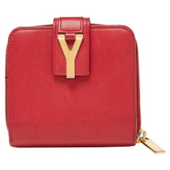 Saint Laurent Red Leather Y line Zip Compact Wallet