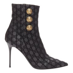 BALMAIN black BB monogram gold buttons high top stiletto boots EU38