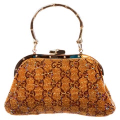 Rare GUCCI Iconic Golden GG Monogram Beaded Bag Purse with Bamboo Handles