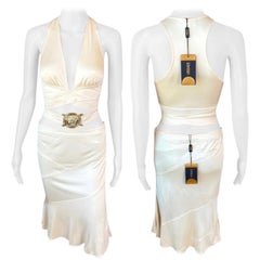 Versace S/S 2005 Logo Embellished Belted Wrap Crop Top & Skirt 2 Piece Set