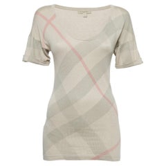 Burberry Brit Beige Checked Silk Blend Knit V-Neck T-Shirt XS