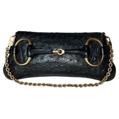 GUCCI Unworn Black Exotic Ostrich Skin Horsebit Flap Bag Clutch