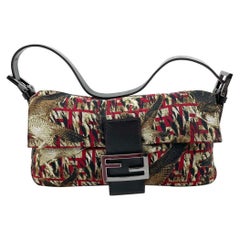 FENDI Baguette Vintage Bird Printed Multicolor Canvas Shoulder Bag