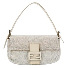 Fendi Baguette Vintage White Glitter Beads Brown Leather