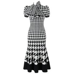 Alexander McQueen F/W 2019 Black White Houndstooth Oversized Tie Neck Knit Dress