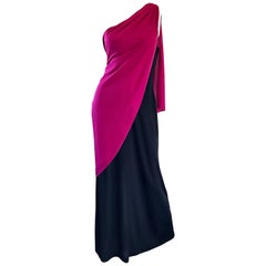 Bill Blass Vintage Raspberry Pink + Black Color Block Grecian One Shoulder Gown