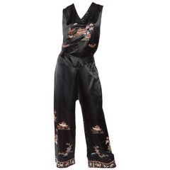 1920S Black Silk Satin Chinese Embroidered Pajamas Set