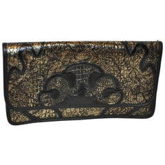 Carlos Falchi Black & Gold Embossed Alligator Calfskin Clutch/ Shoulder Bag