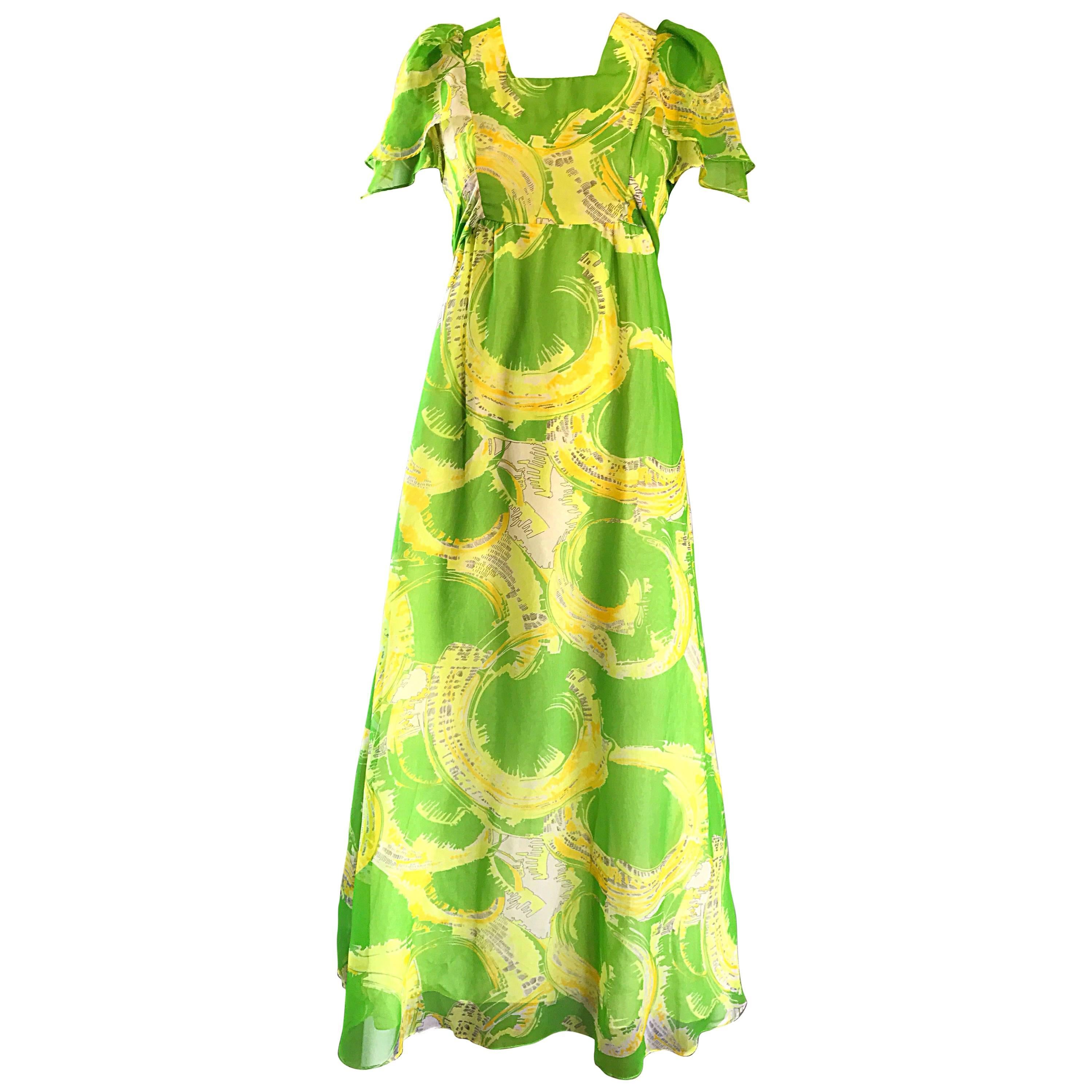 1970 Neon Lime Green + Yellow Paint Splatter Vintage 70s Chiffon Maxi Dress