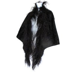 Used Black Broadtail Lamb Fur Stole with Ostrich Feathers