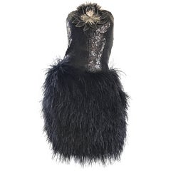 Amazing 1980s Used Lillie Rubin Black Sequin Ostrich Feather Strapless Dress