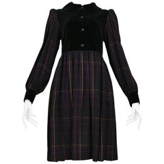 Vintage Yves Saint Laurent Black Plaid & Velvet Smock Dress Circa 1970's