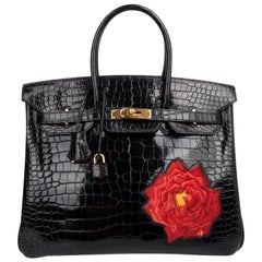 Hermes Birkin HSS 35 Porosus Crocodile Black Red La Rosee One of a Kind Bag