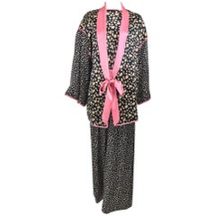 Guy Laroche Silk Evening Pajama set in Cream and Black Dots Pink Trim 1990s