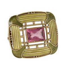 Louis Comfort Tiffany Rubelite Tourmaline Plique-a-Jour Enamel Gold Brooch