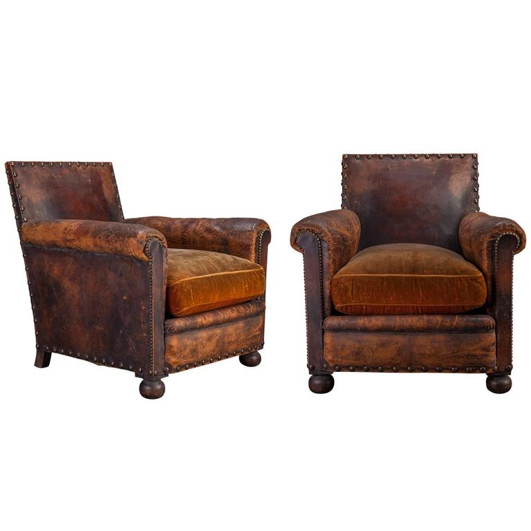 Leather and velvet armchairs, ca. 1920