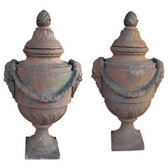 Large-Scaled Pair of English Neoclassical Style Covered Iron Bulb Urns