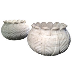 Pair Weathered Marble Lotus Urns