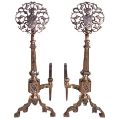 Pair of French Bell Brass Medallion and Coat of Arms Andirons. C. 1830