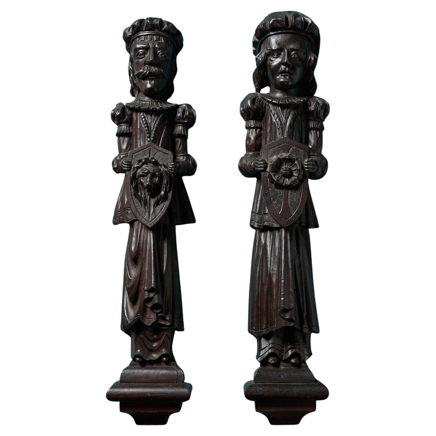 Pair of Antique 18th Century Carved Oak Figures