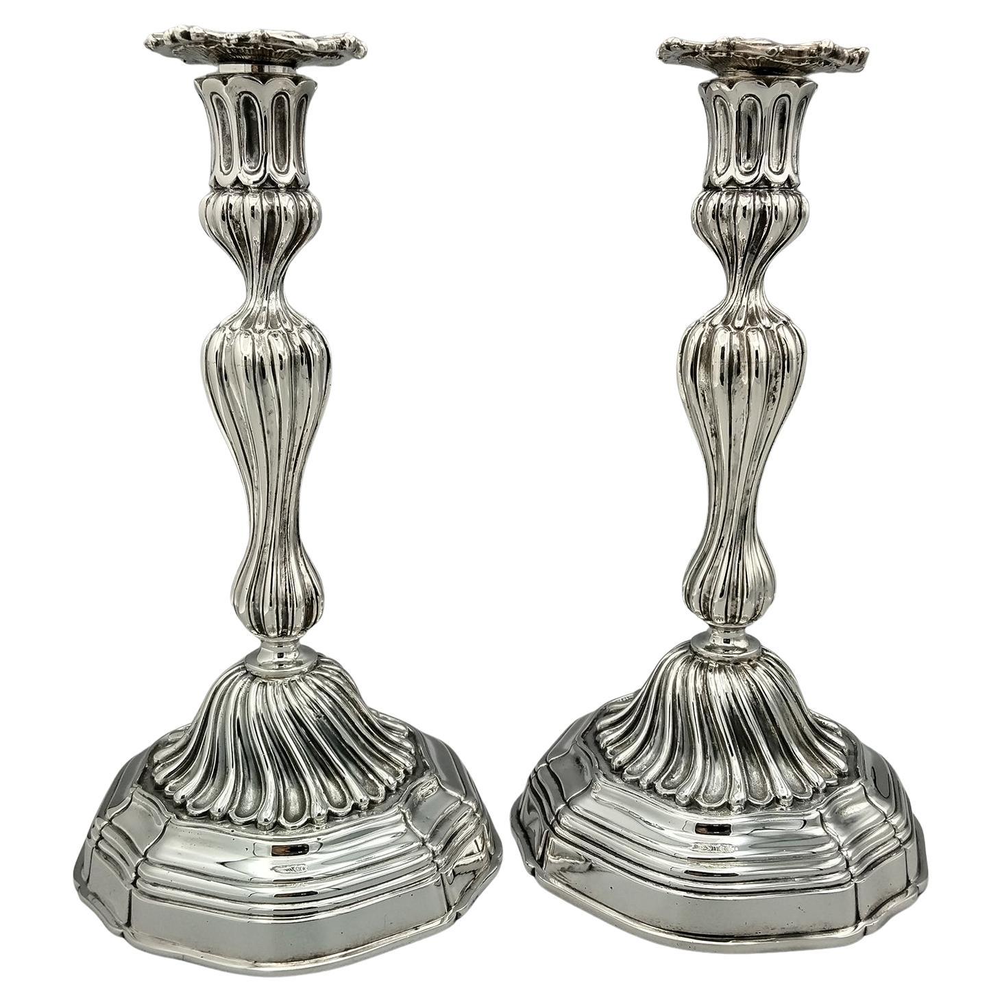 20th Century Sterling Silver Italian Candlesticks Baroque Barocco replica