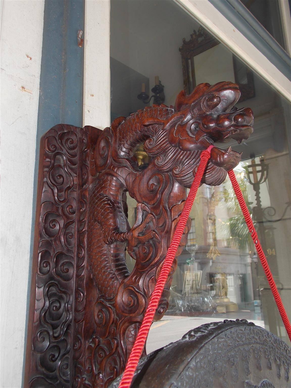 Qing Chinese King Wood and Bronze Wall-Mounted Temple Gong, 19th Century 