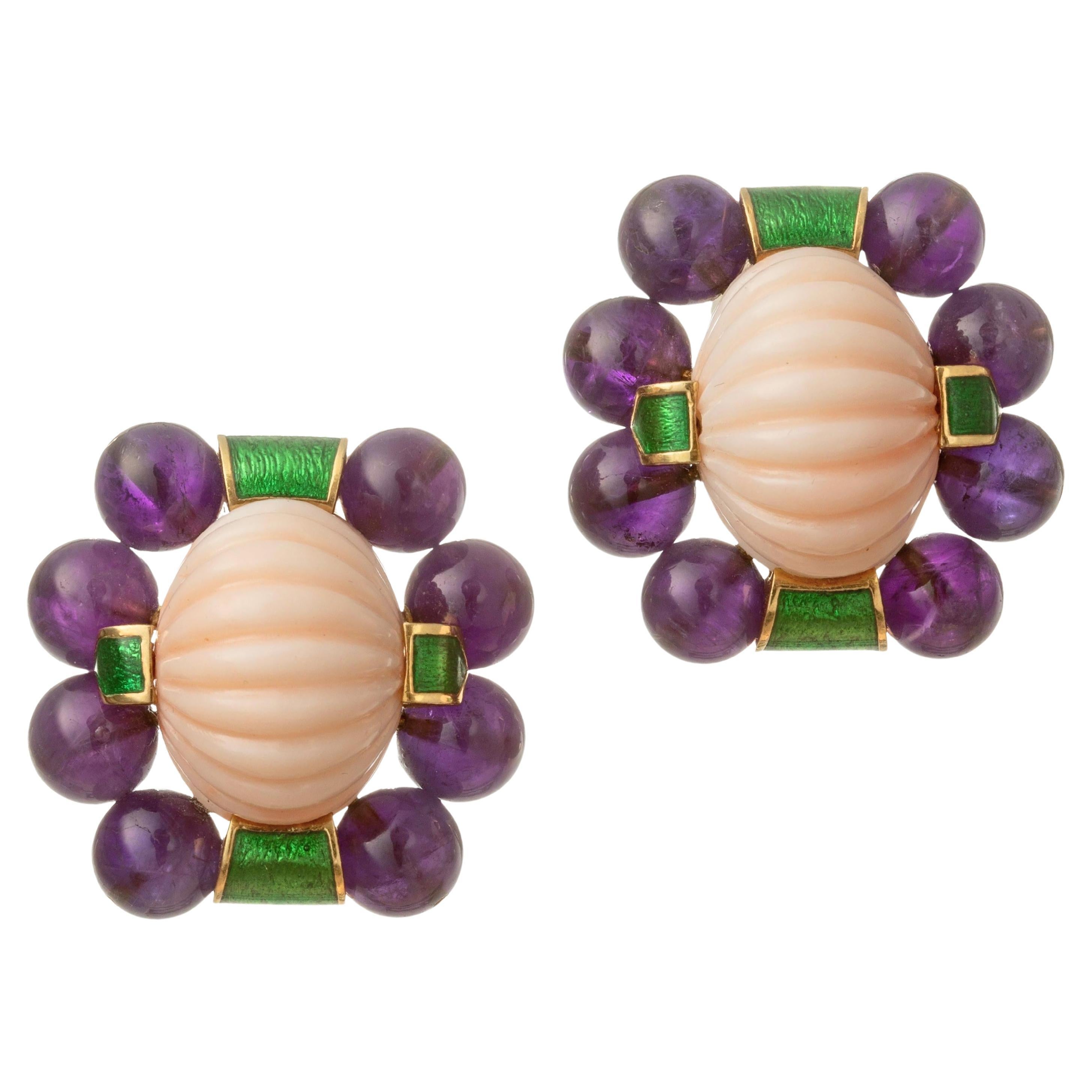 David Webb 18k Yellow Gold Coral Amethyst Green Enamel Earrings