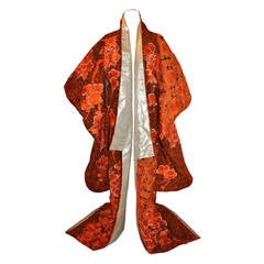 Rare Spectacular Hand-Embroidered Tangerine & Gold Lame Japanese Kimono