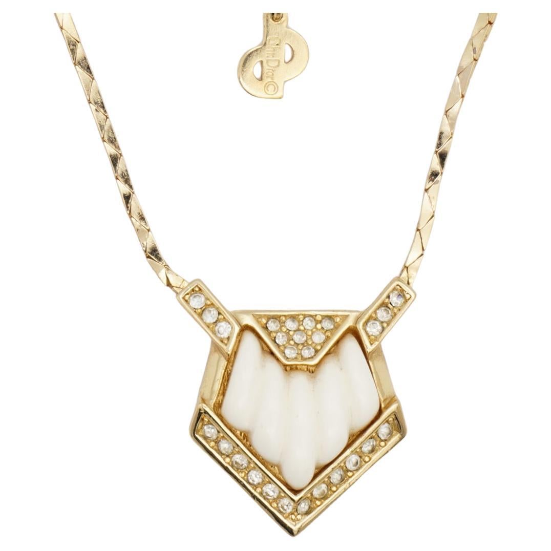 Christian Dior Vintage 1980s Pentagon Triangle White Pendant Crystals Necklace