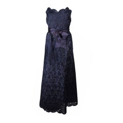 SCAASI Navy Floral Lace Evening Gown with Satin Waist Belt Size 2