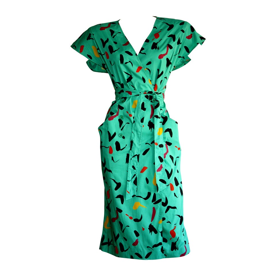 Vintage Emanuel Ungaro Dress Avant Garde Kelly Green Graffiti Scribble W/ Belt