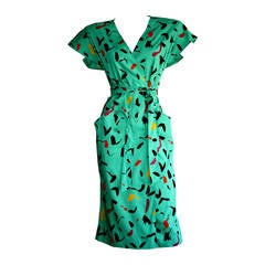 Vintage Emanuel Ungaro Dress Avant Garde Kelly Green Graffiti Scribble W/ Belt