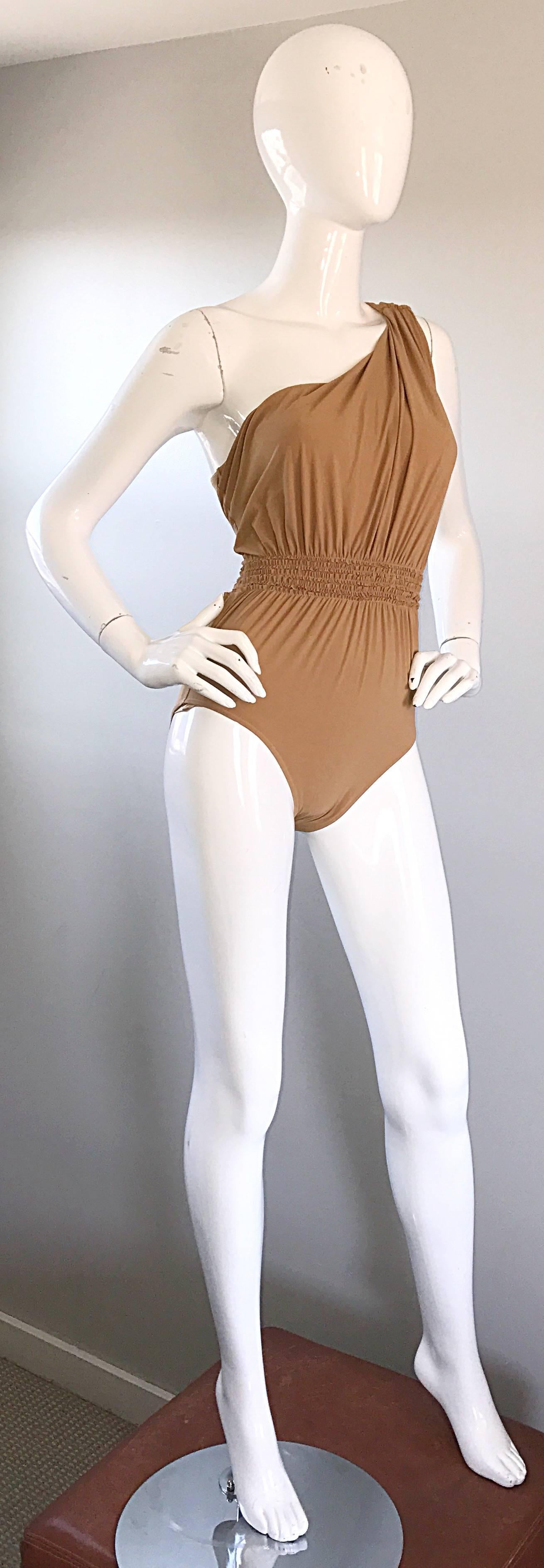 Brown Lanvin 2011 Alber Elbaz Tan Caramel One Shoulder Grecian Bodysuit or Swimsuit For Sale