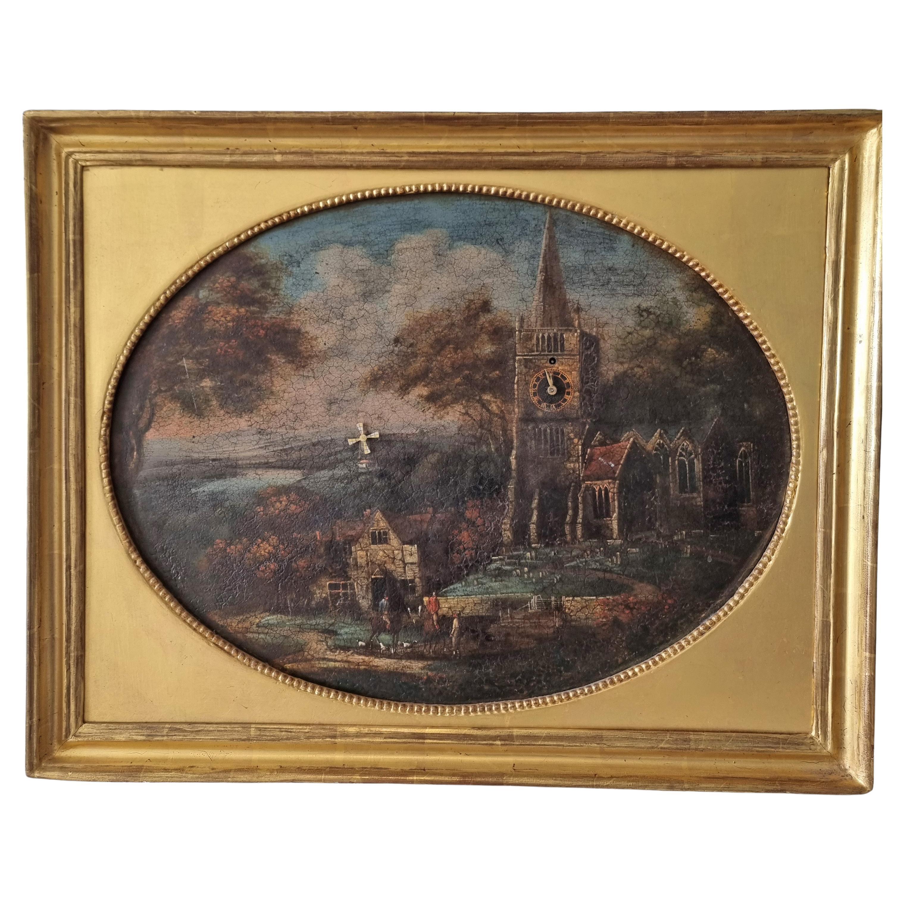 Automaton Picture clock in square frame with oval aperture and windmill