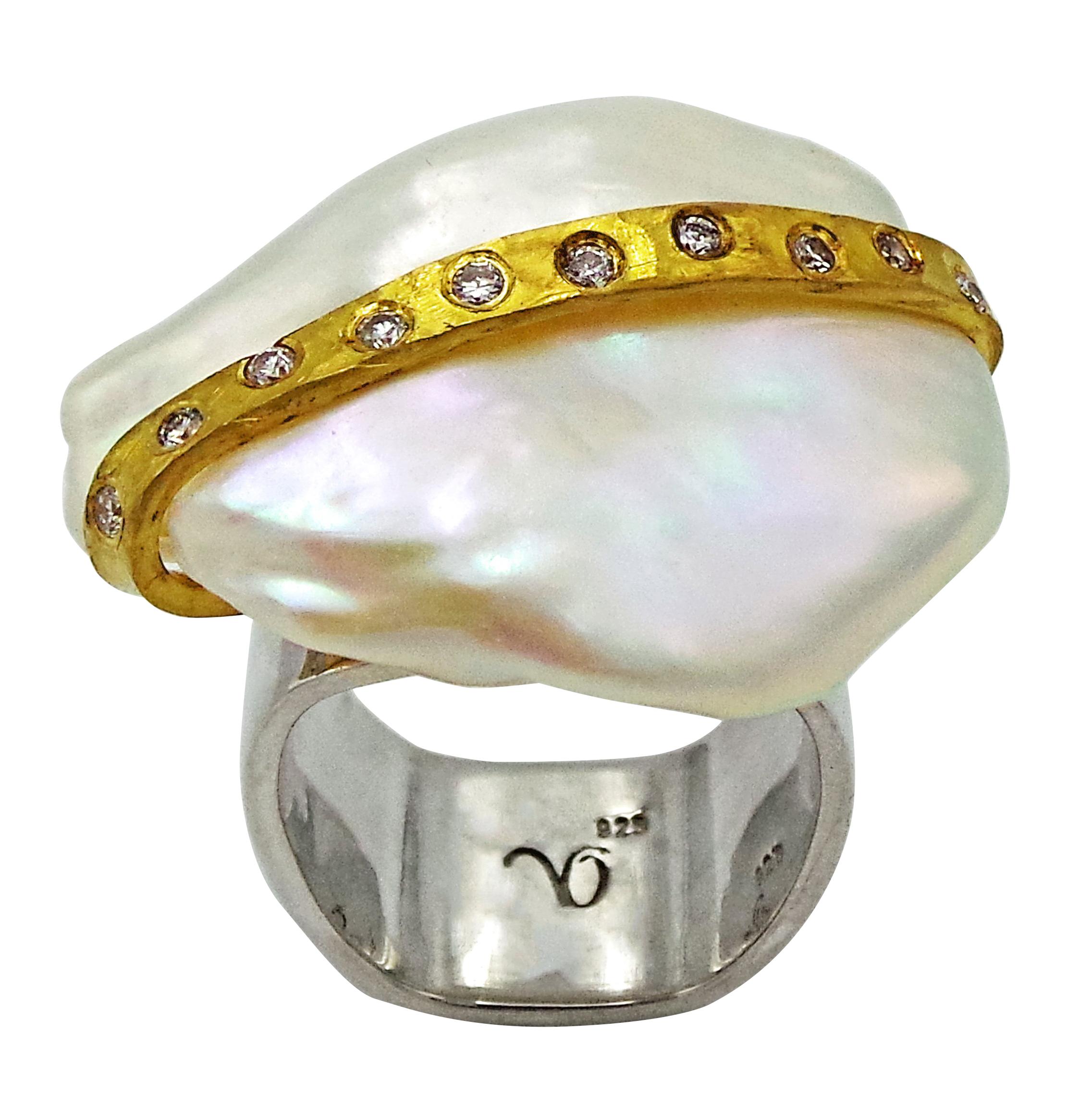 Baroque Pearl with Diamond and Gold Ribbon Cocktail Ring