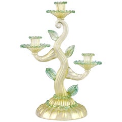 Barovier Toso Murano Gold Flecks Green Italian Art Glass Candelabra Candleholder