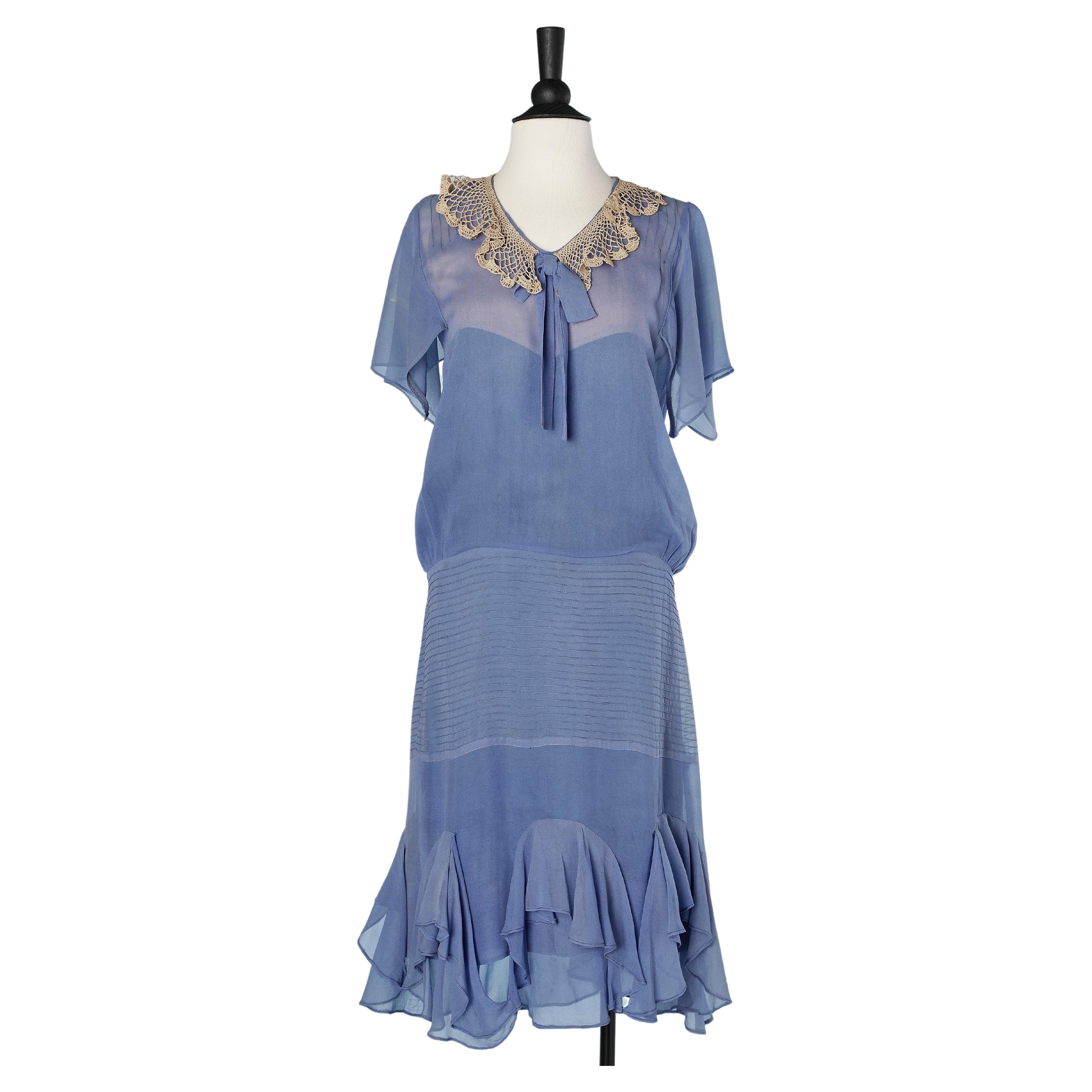 Blue crêpe top-stitched dress with crochet collar, bow and ruffles Circa 1925's 