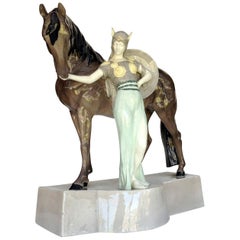 Ceramic Valkyrie and Horse Sculpture by Stanislaus Capeque for Goldscheider