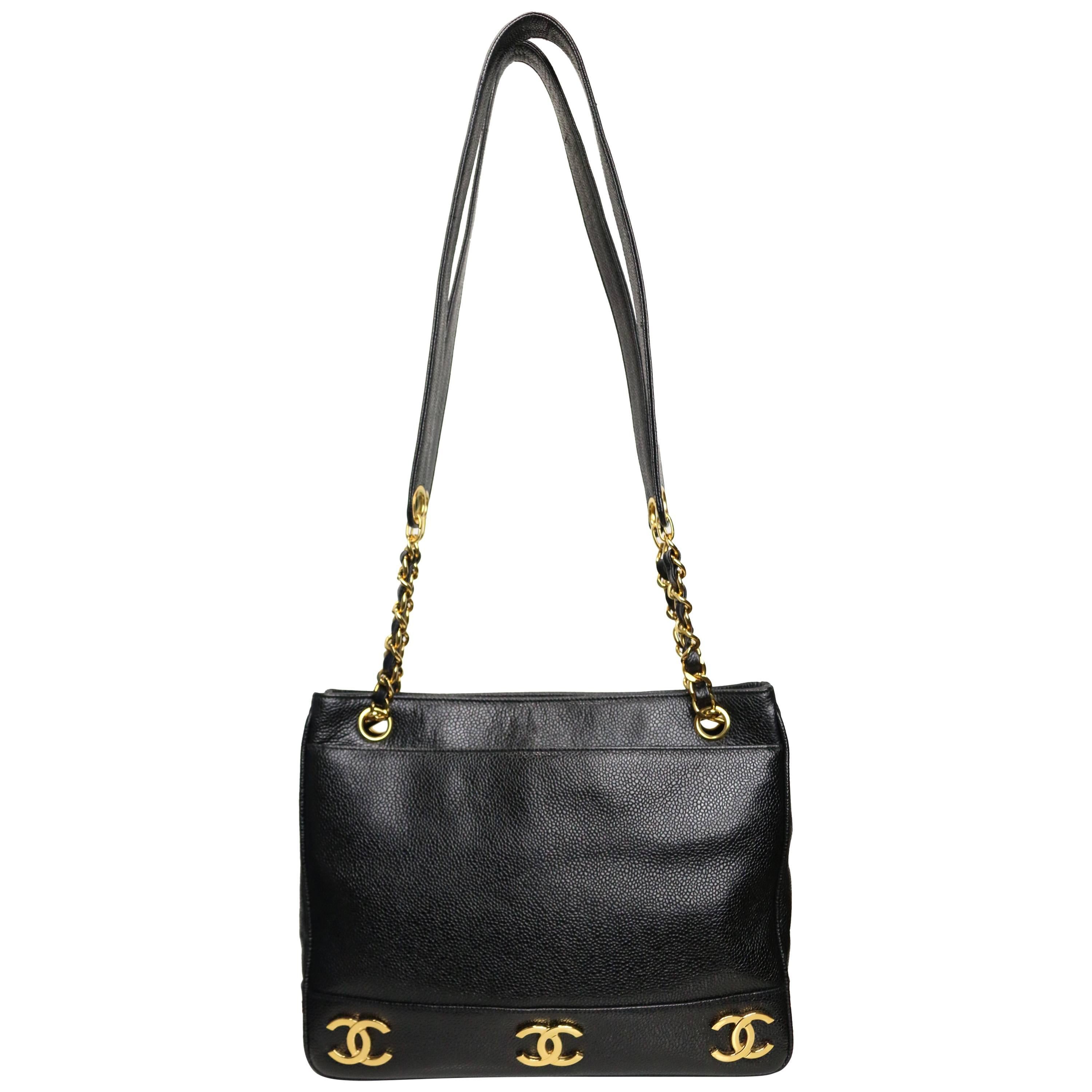 Chanel Black Caviar Gold "CC" Logo Shopping Tote