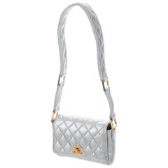 Vintage Chanel Classic Flap Rare Quilted Micro Mini Silver Metallic Lambskin Leather Bag