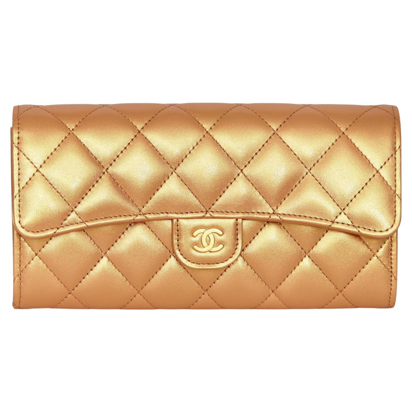 CHANEL Leather Wallet Long Flap Metallic Gold Quilted Case Gold CC HW 23C 2023