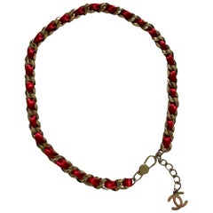 CHANEL Red Satin Braid Signature Woven Chain Link CC Logo Belt