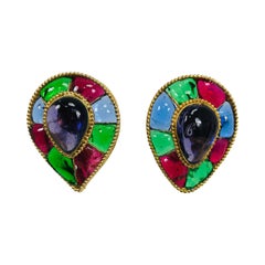 Chanel Season 26 Large Gripoix Reverse Teardrop Earrings Blue Green Red 1986