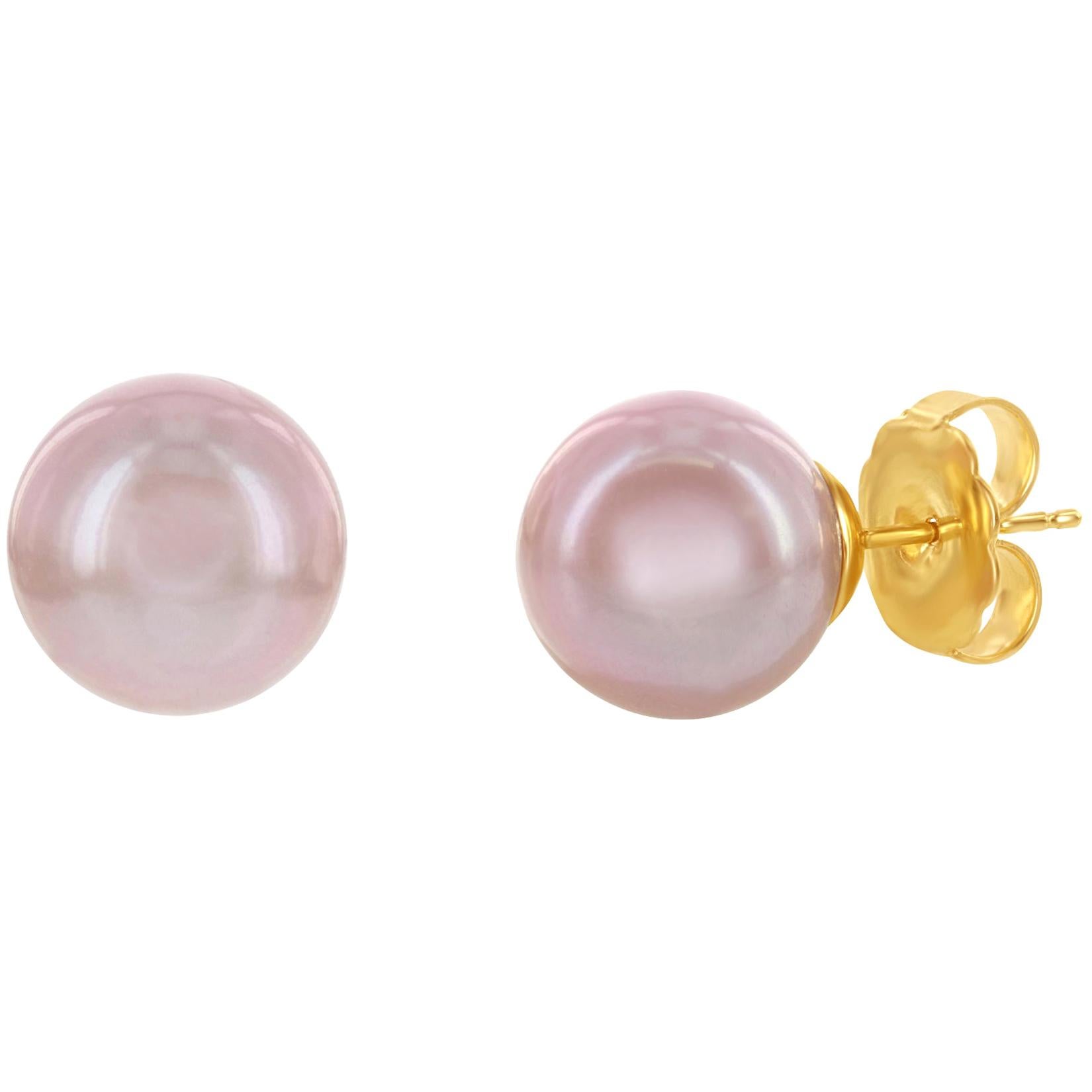 14K Yellow Gold Cultured Freshwater Natural Pink 12mm Pearl Stud Earrings For Sale