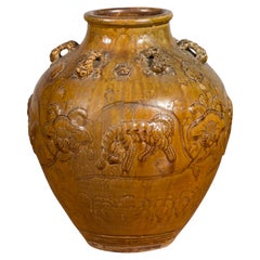 Ming Dynasty Period Golden Brown Glazed Martaban Water Jar with Tiger Motifs