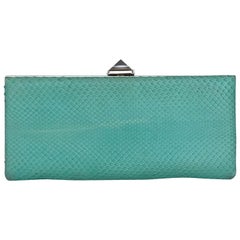  CHRISTIAN LOUBOUTIN mint green snake skin pyramid stud crystal evening clutch