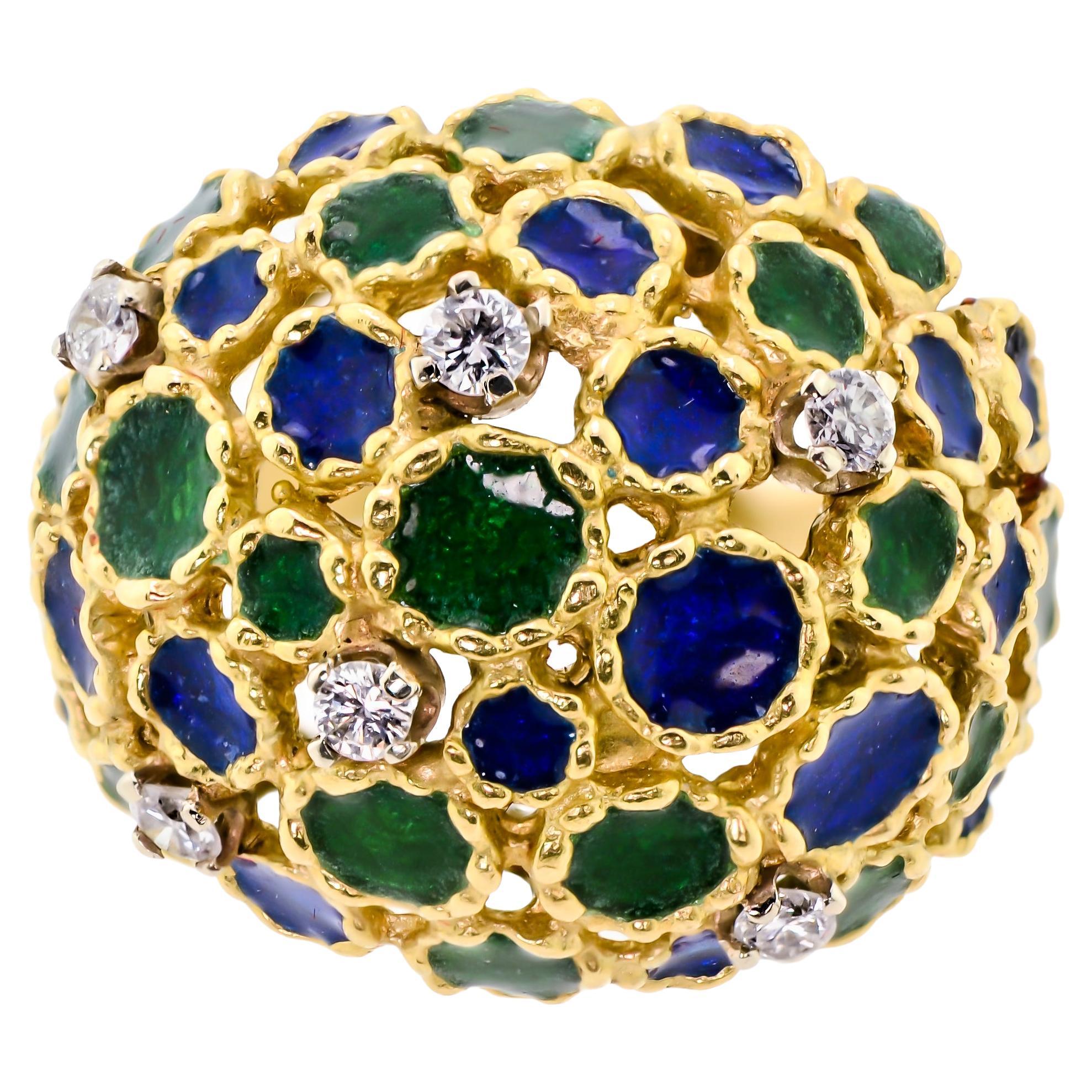 Circa 1960 Enamel and Diamond Bombé Ring