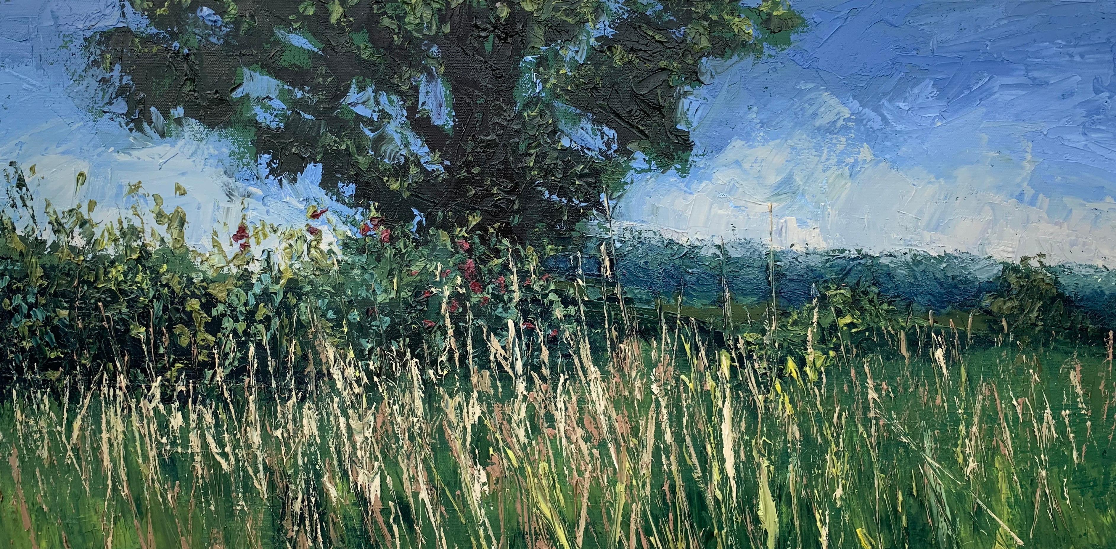 Summer Meadow Landscape Impasto Oil Painting with Tree by British Artist