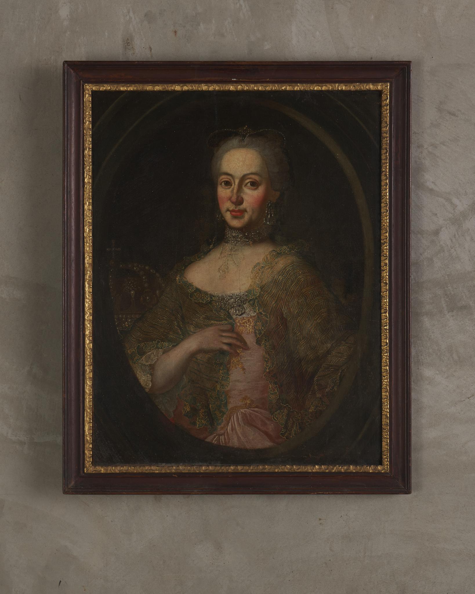 Continental School oil portrait of Maria Teresa: Portrait of Maria Theresa (1717-1780), Archduchess of Austria, Holy Roman Empress, Queen of Hungary and Bohemia

This portrait was owned by Leonard Stanley for decades. It hung behind his desk at his